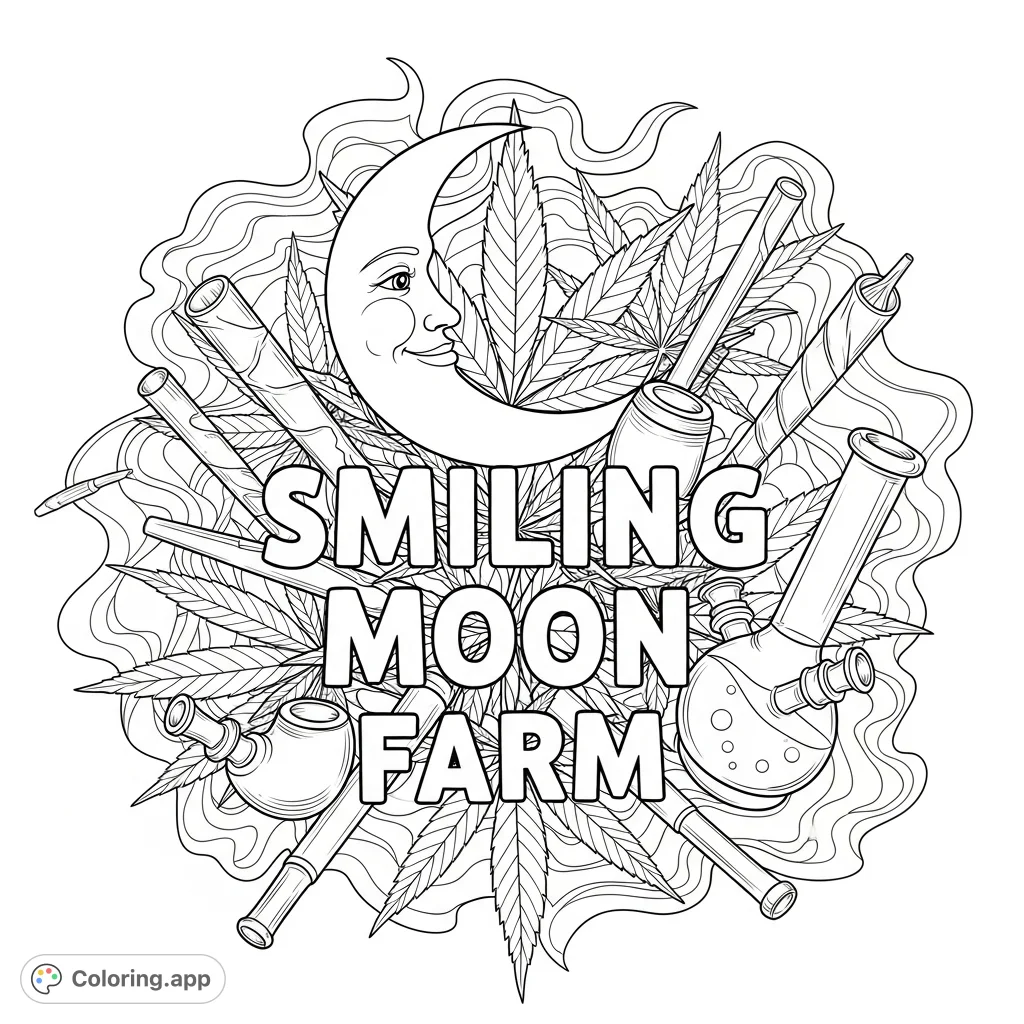 A unique adult coloring page featuring 'Smiling Moon Farm' text, a smiling moon, marijuana leaves, swirling smoke, joints, pipes, and bongs.