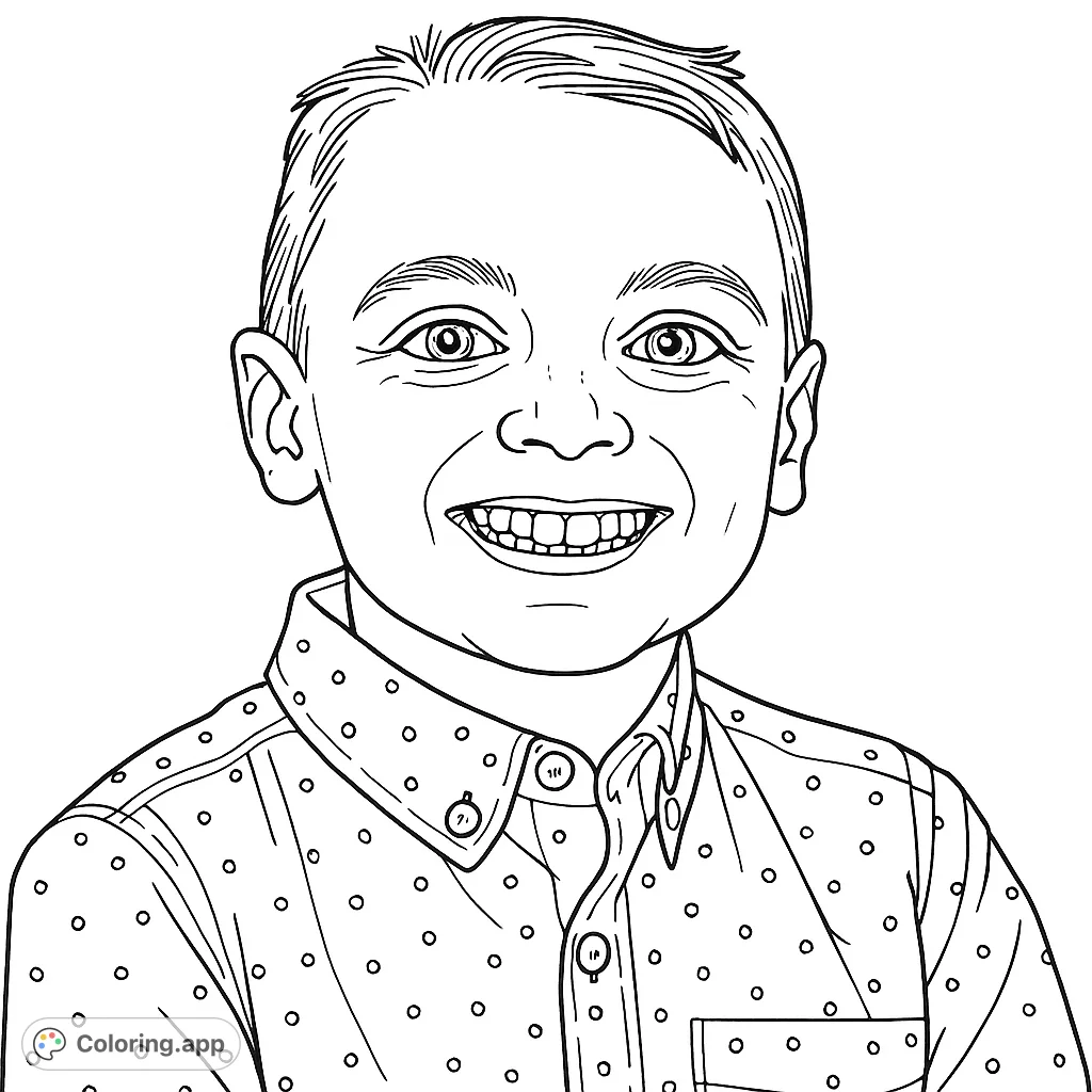 A cheerful young boy with a wide smile and freckles, wearing a patterned collared shirt, ready for a personalized coloring adventure.