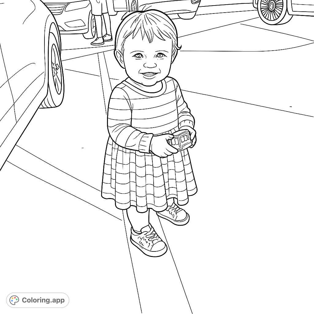 A charming toddler in a striped dress holds a toy car, standing on a painted line. A delightful scene for young colorists to bring to life.