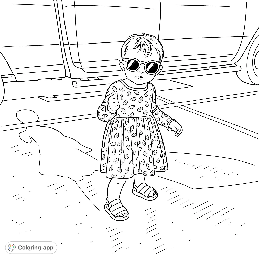 Adorable toddler in a patterned dress and stylish sunglasses, standing confidently by a large vehicle. A fun, free printable toddler coloring page.