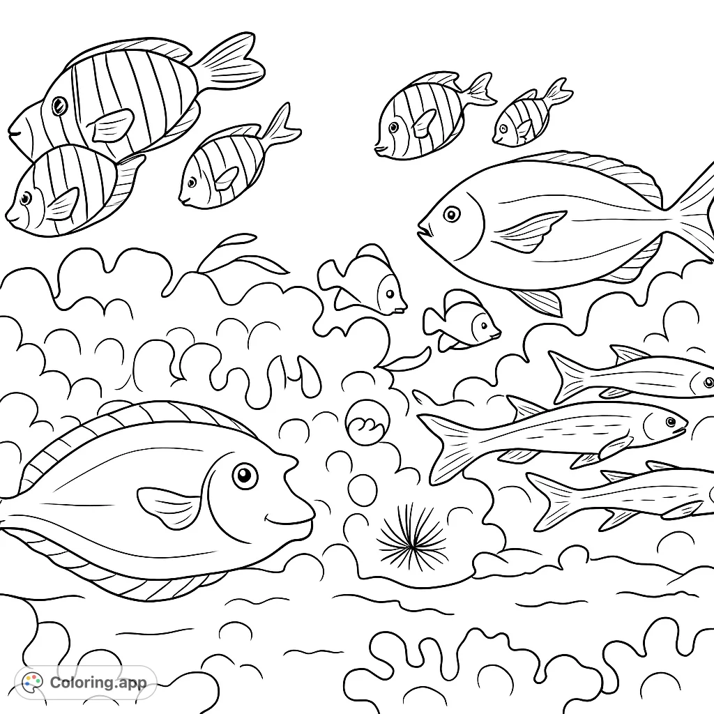 Dive into an underwater world with various fish swimming among coral and sea creatures. A fun ocean life coloring page for all ages.