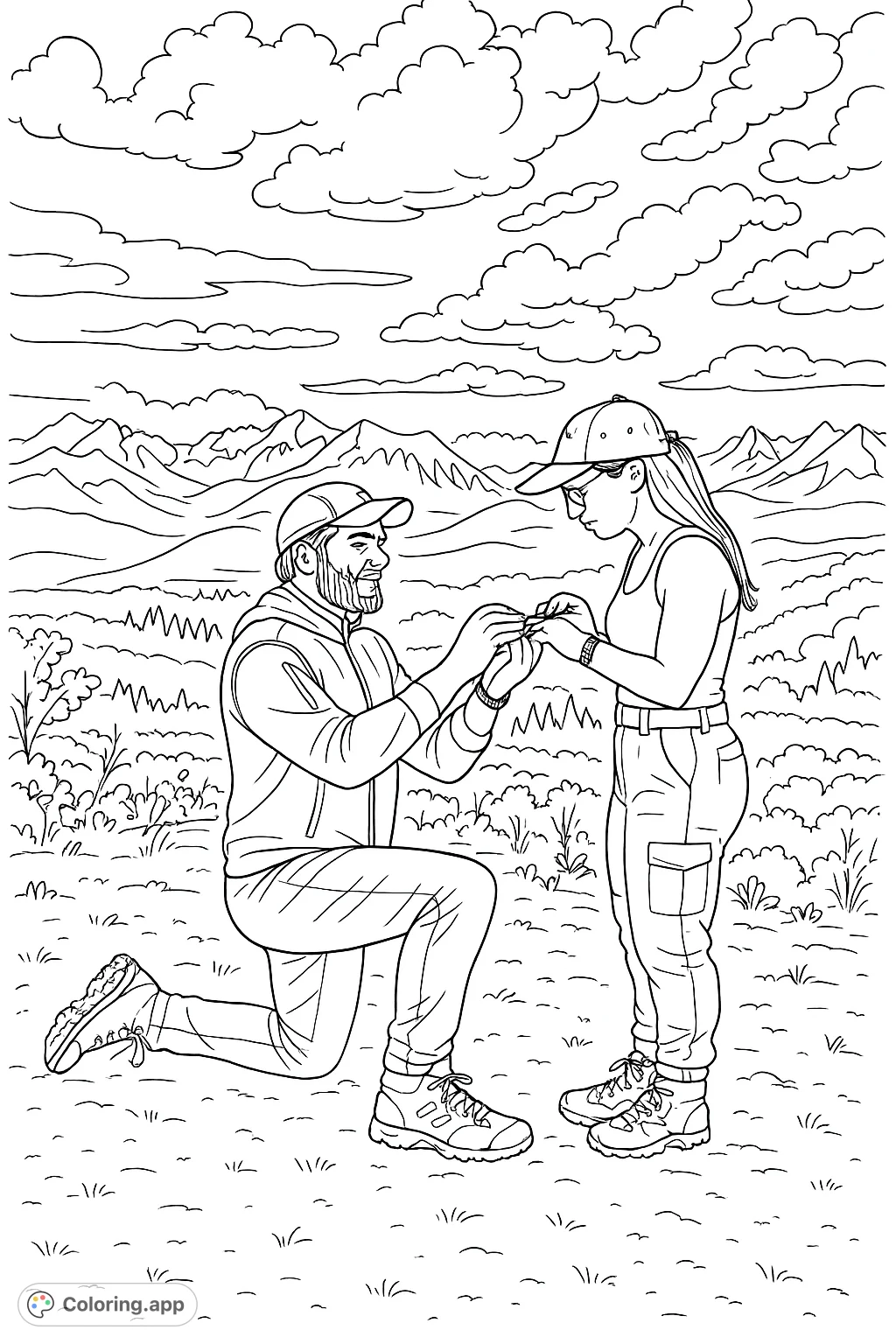 Capture a heartfelt mountain proposal scene with a kneeling man and standing woman against a majestic backdrop of peaks and forests. A romantic outdoor adventure.