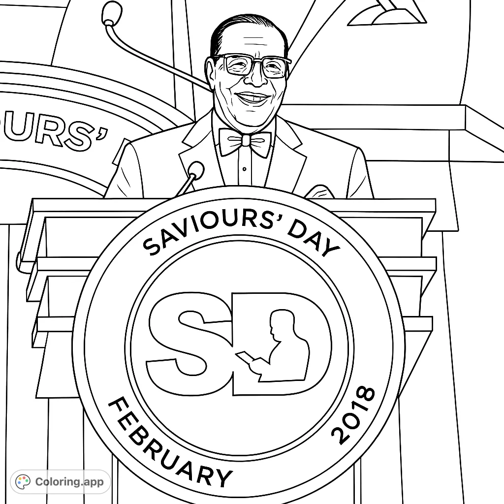 A distinguished speaker smiles confidently behind a podium with a prominent emblem, ready to inspire. A detailed portrait for thoughtful coloring.