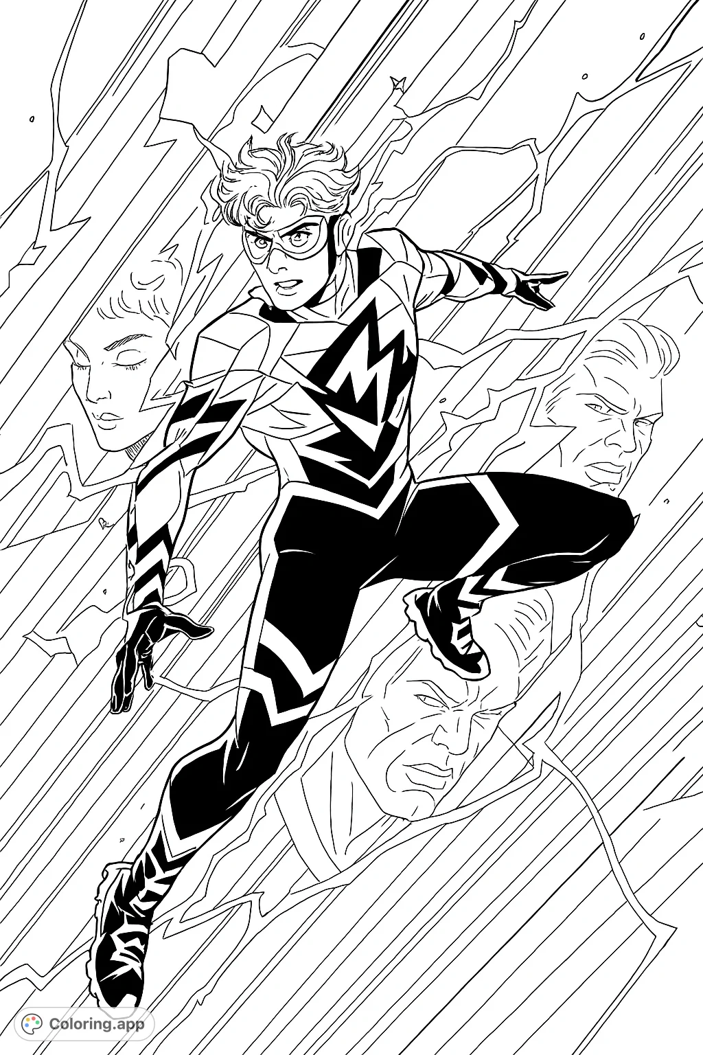 A dynamic superhero coloring page featuring a speedster hero in a powerful action pose, surrounded by energy trails and abstract motion lines. Perfect for fans of comic book action.
