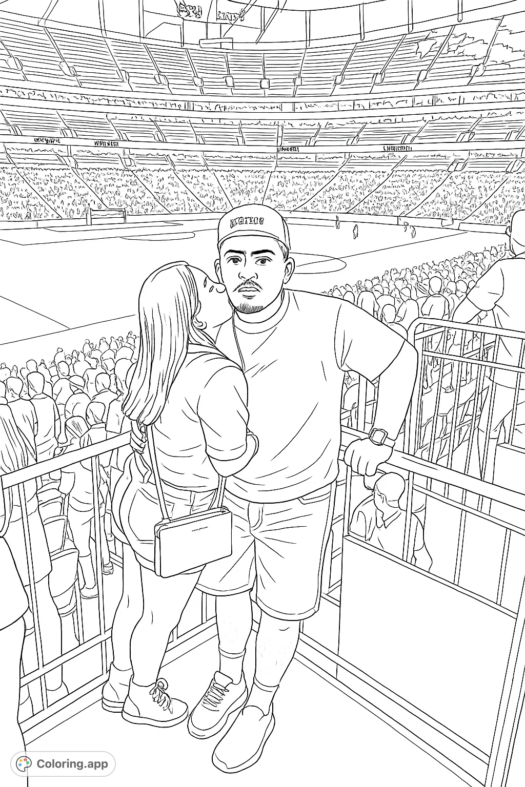 A loving couple shares a moment at a bustling stadium, surrounded by cheering fans and the excitement of a live sports event. Perfect for sports enthusiasts.