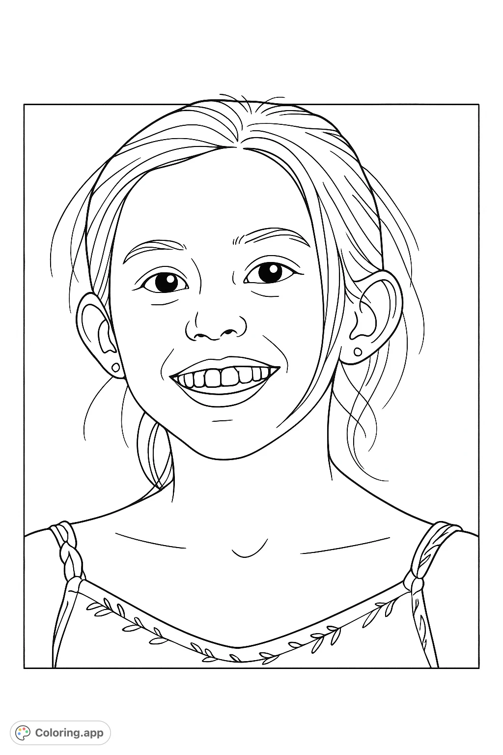 A cheerful young girl with a wide smile, perfect for a delightful coloring experience. Capture her joyful expression and add your personal touch.