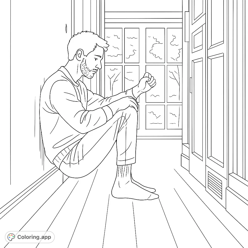 A man sits alone in a quiet hallway, head bowed in thought. A poignant scene for reflection and creative expression.