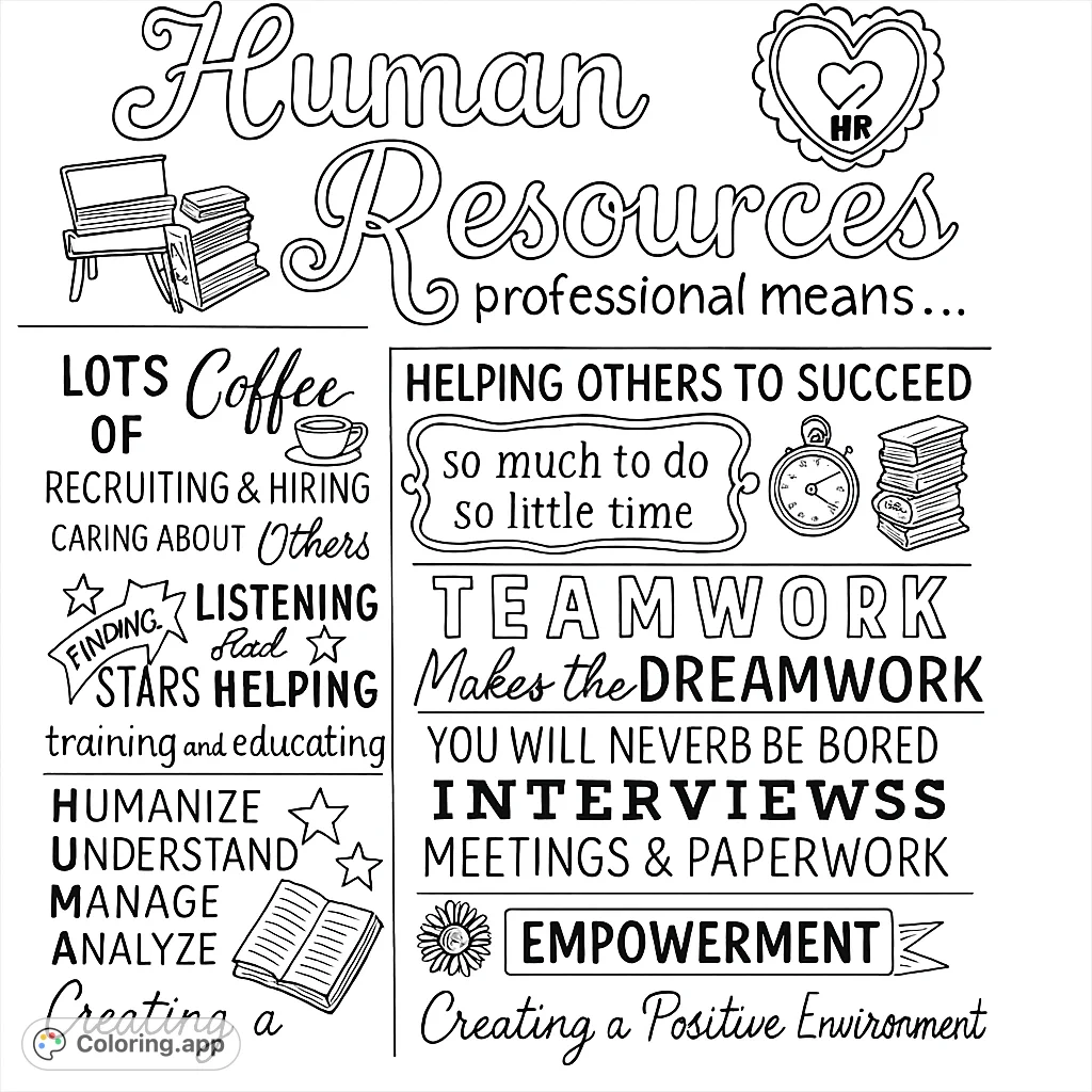 A detailed Human Resources chalkboard design featuring inspiring phrases, a coffee cup, laptop, clock, and other HR-related illustrations. Perfect for professionals.