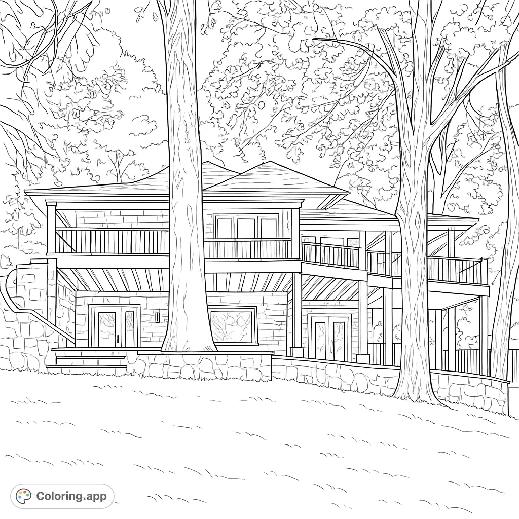 Color a stunning multi-level house nestled among mature trees, featuring stone and brick textures, expansive decks, and a serene natural setting.