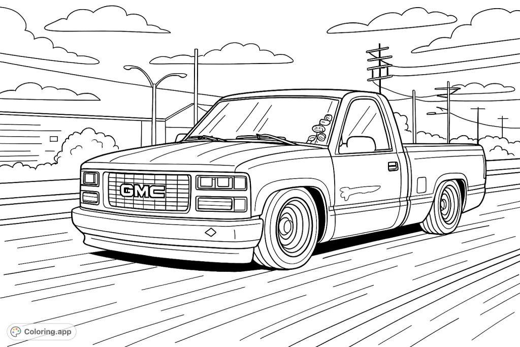 Cruise into creativity with this cartoony lowered pickup truck coloring page! Featuring bold outlines and intricate details, perfect for truck enthusiasts.