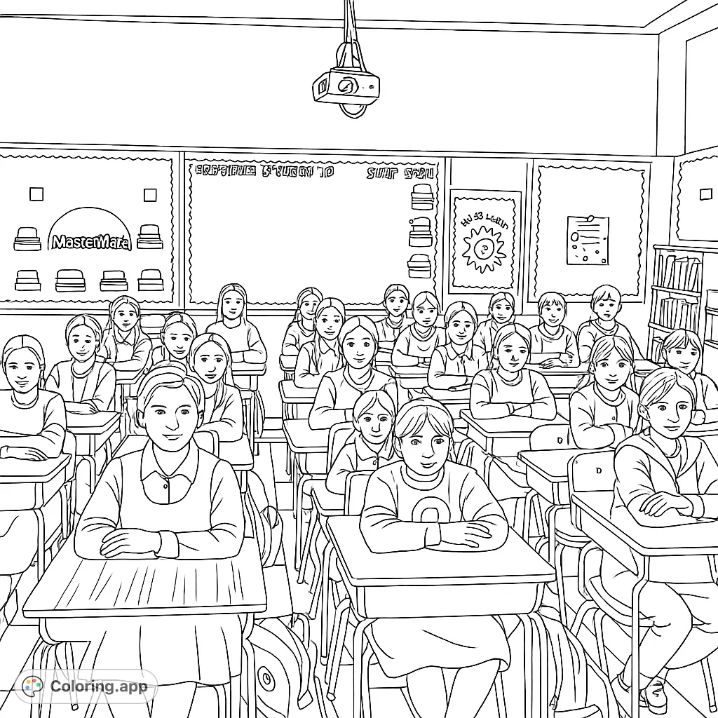 A lively classroom scene featuring a group of smiling girls seated at their desks, surrounded by educational posters and a bookshelf.