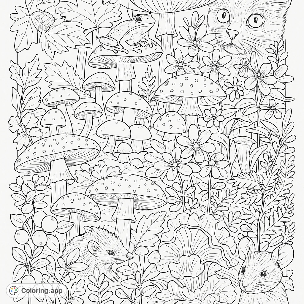 Explore a magical forest floor teeming with whimsical mushrooms, a crowned frog, a curious cat, and tiny woodland creatures. A delightful nature scene.