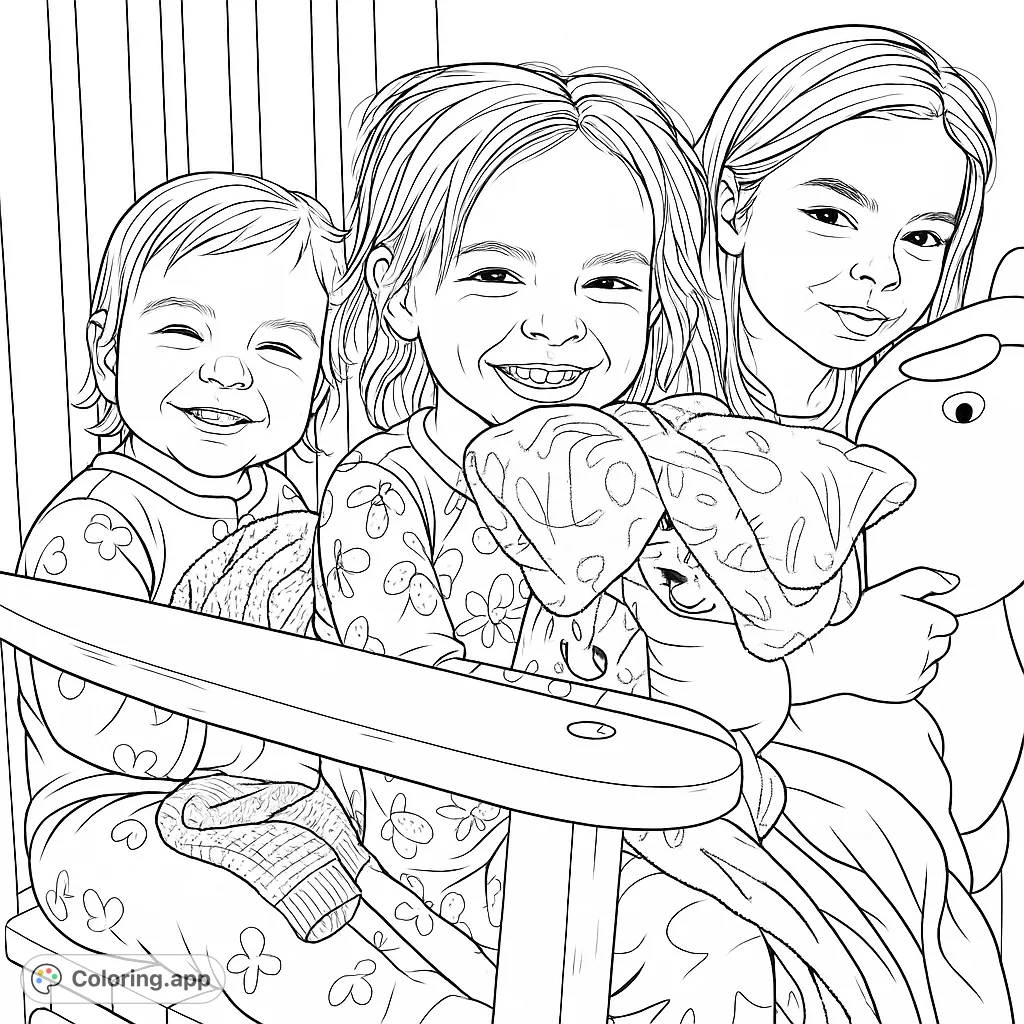 Three cheerful girls in pajamas share a cozy moment on a rocking chair, holding soft blankets and plush toys. A heartwarming scene perfect for coloring!