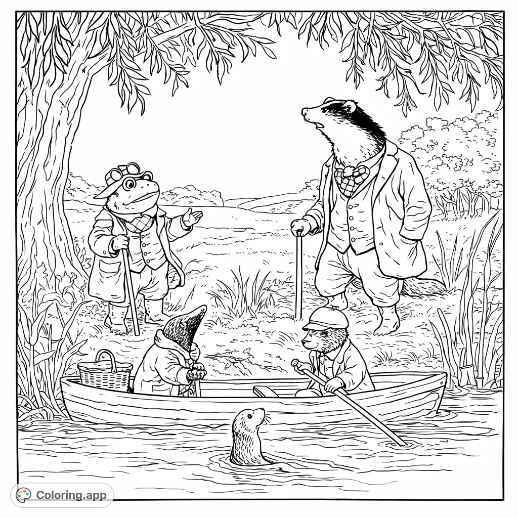 A charming riverside scene with anthropomorphic animal characters. A badger, a frog, and small figures in a boat await your creative touch in this delightful illustration.