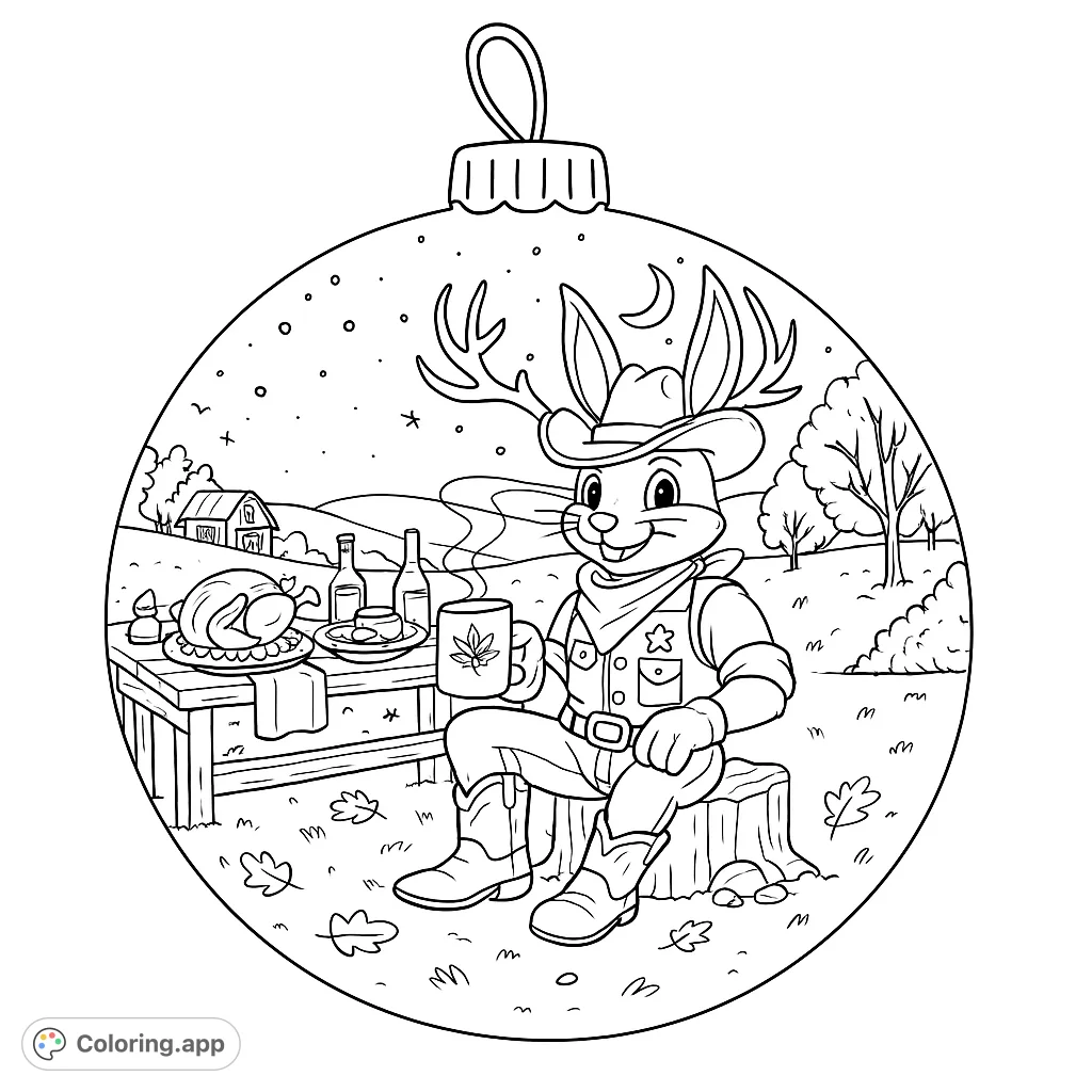 An antlered cowboy rabbit enjoys a festive winter feast outdoors, surrounded by snow and autumnal trees. A delightful scene for holiday coloring fun!