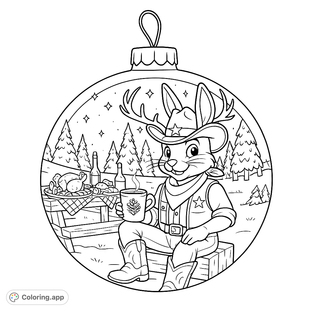 A charming rabbit cowboy with antlers enjoys a festive winter feast surrounded by snow-covered trees and a cozy cabin under a starry sky. Intricate details await your touch.