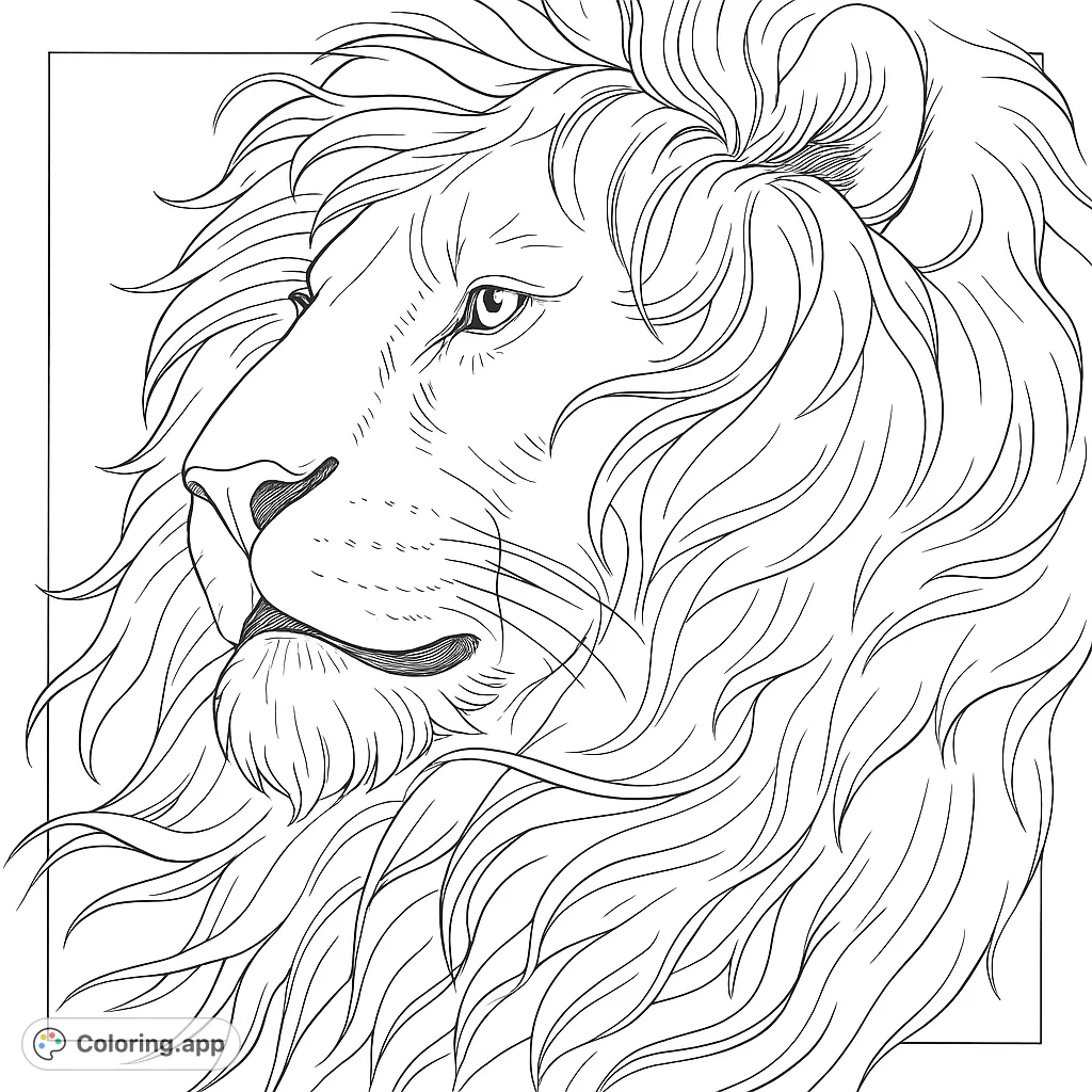 Color a majestic lion's head in profile, featuring a detailed face and a voluminous, flowing mane. Perfect for animal lovers and intricate coloring.