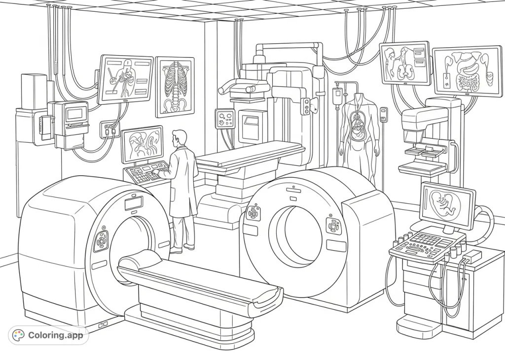 Explore the intricate world of medical diagnostics with this detailed radiology imaging suite coloring page, featuring X-ray, MRI, CT, and ultrasound machines.