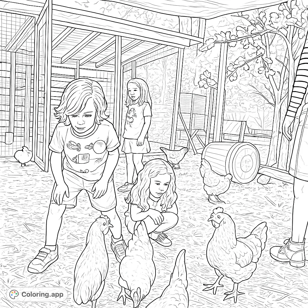 Explore a lively farm scene with children observing chickens in their coop. A delightful farm animal coloring page for kids and adults, perfect for nature lovers.