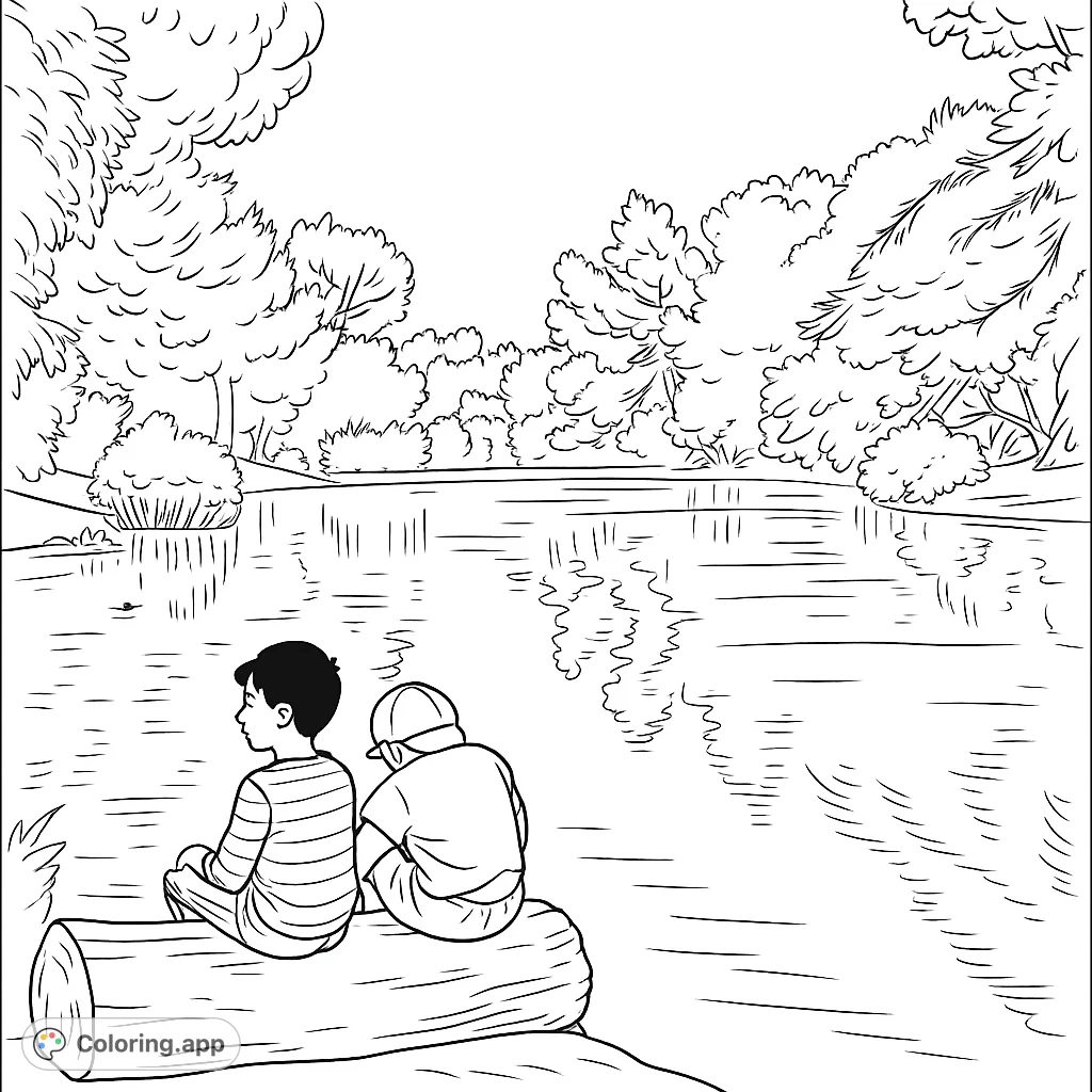 Two children sit on a log by a serene lake, surrounded by lush trees and reflections. A peaceful nature scene perfect for mindful coloring.