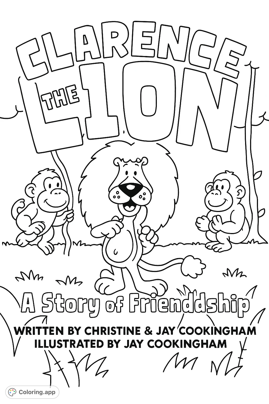 A delightful cartoon lion and two playful monkeys in a jungle setting, perfect for a friendship-themed coloring page. Features large, clear areas for easy coloring.