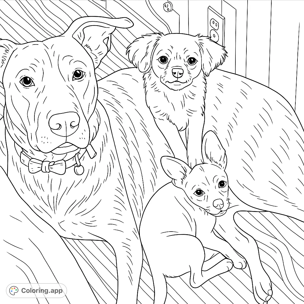 A heartwarming scene featuring three adorable dogs of different sizes and breeds, nestled together. Perfect for dog lovers of all ages to color.