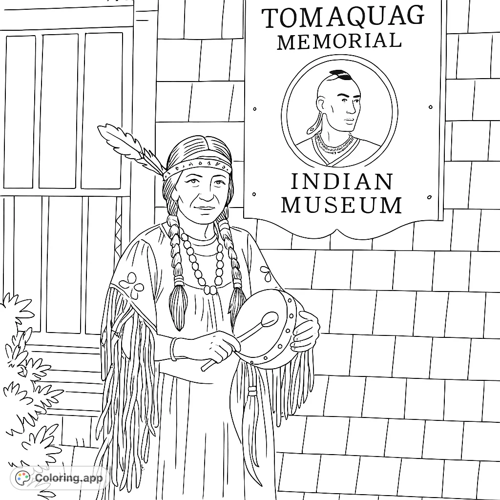 A powerful indigenous woman in traditional attire, holding a drum, stands before a museum building. A rich cultural scene for mindful coloring.