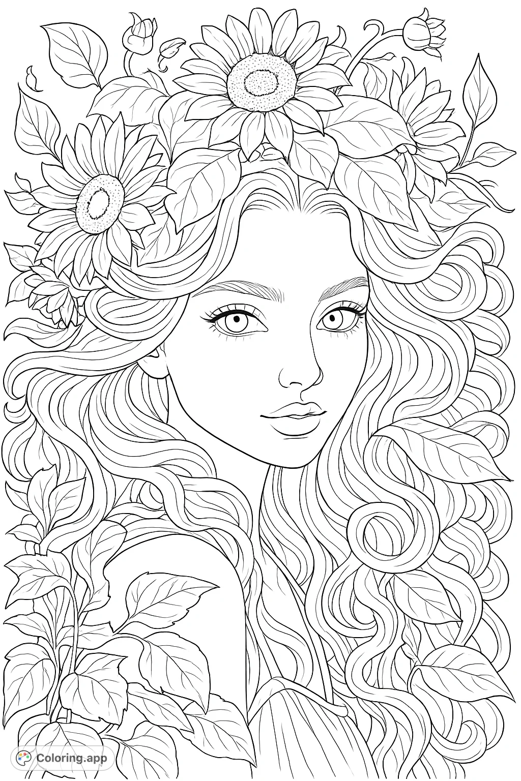 A stunning portrait of a woman adorned with a beautiful floral crown and flowing wavy hair, perfect for detailed coloring.