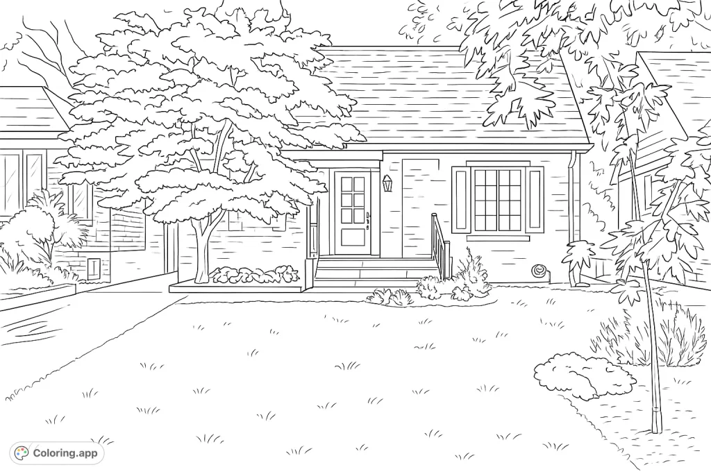 A charming suburban house with a large front yard and a majestic tree, offering a delightful scene for a relaxing coloring experience.
