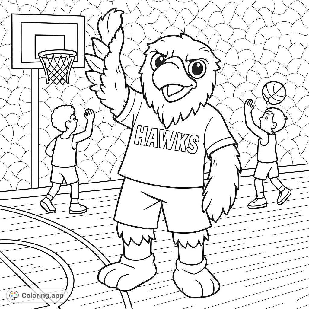 Cheer on the team with this fun Hawks mascot coloring page! Featuring a friendly hawk on a basketball court, perfect for sports fans and kids.