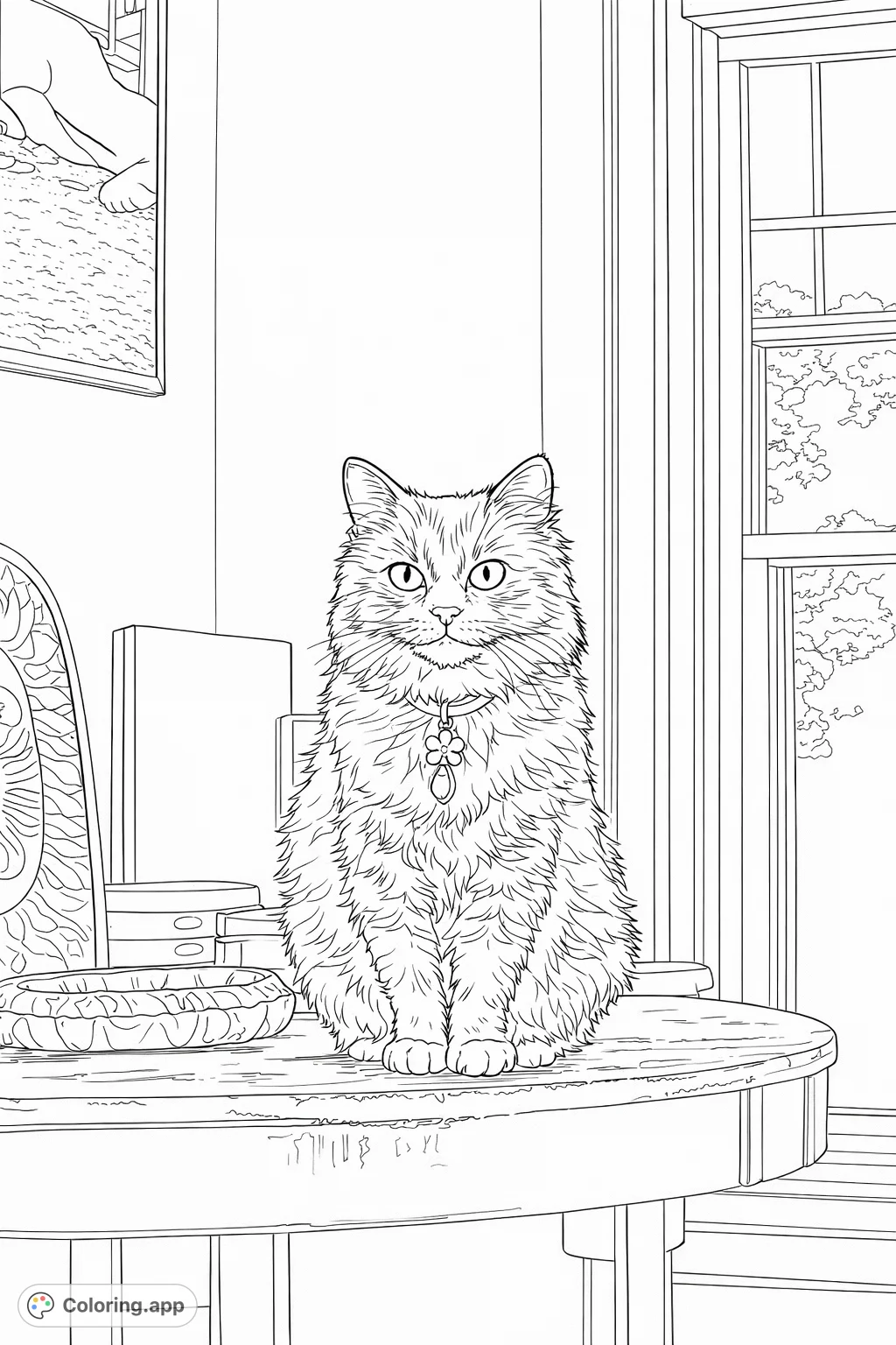 A charming portrait of a fluffy cat sitting attentively on a rustic table, ready for your creative touch. Features intricate fur and a detailed background.