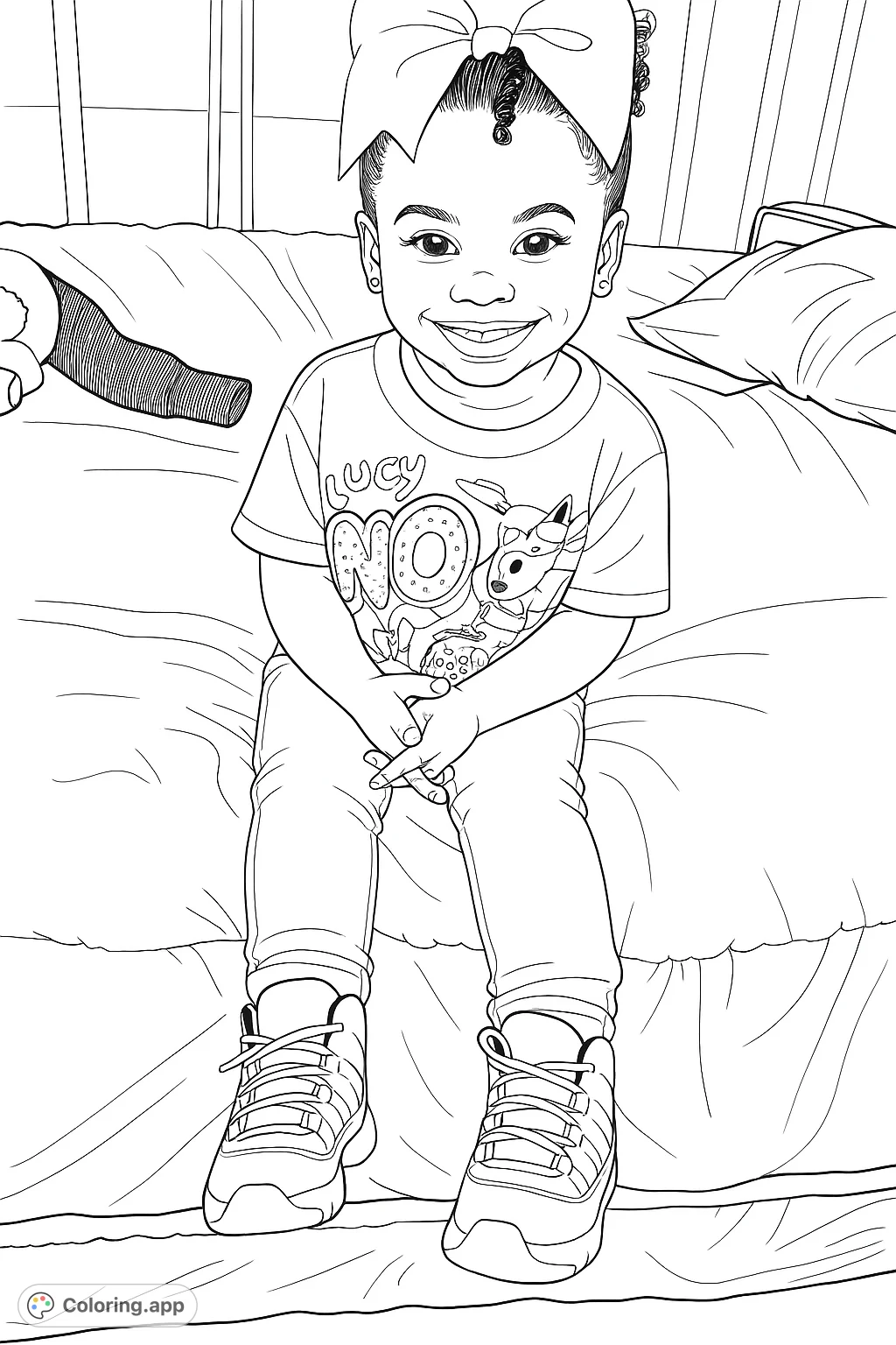 A delightful coloring page featuring a smiling child with a large bow, wearing a graphic tee, jeans, and athletic shoes, ready for creative expression.