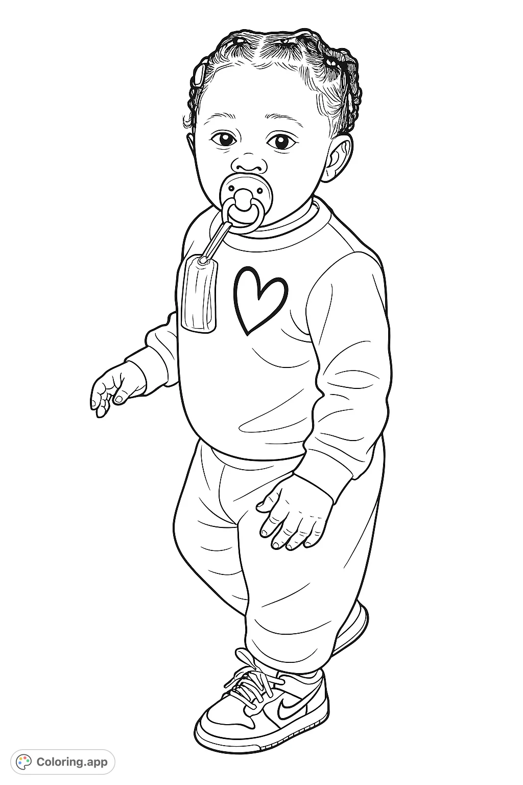 An adorable toddler in a comfy outfit with a heart design and cool sneakers, holding a pacifier. A charming and sweet coloring page for young artists.
