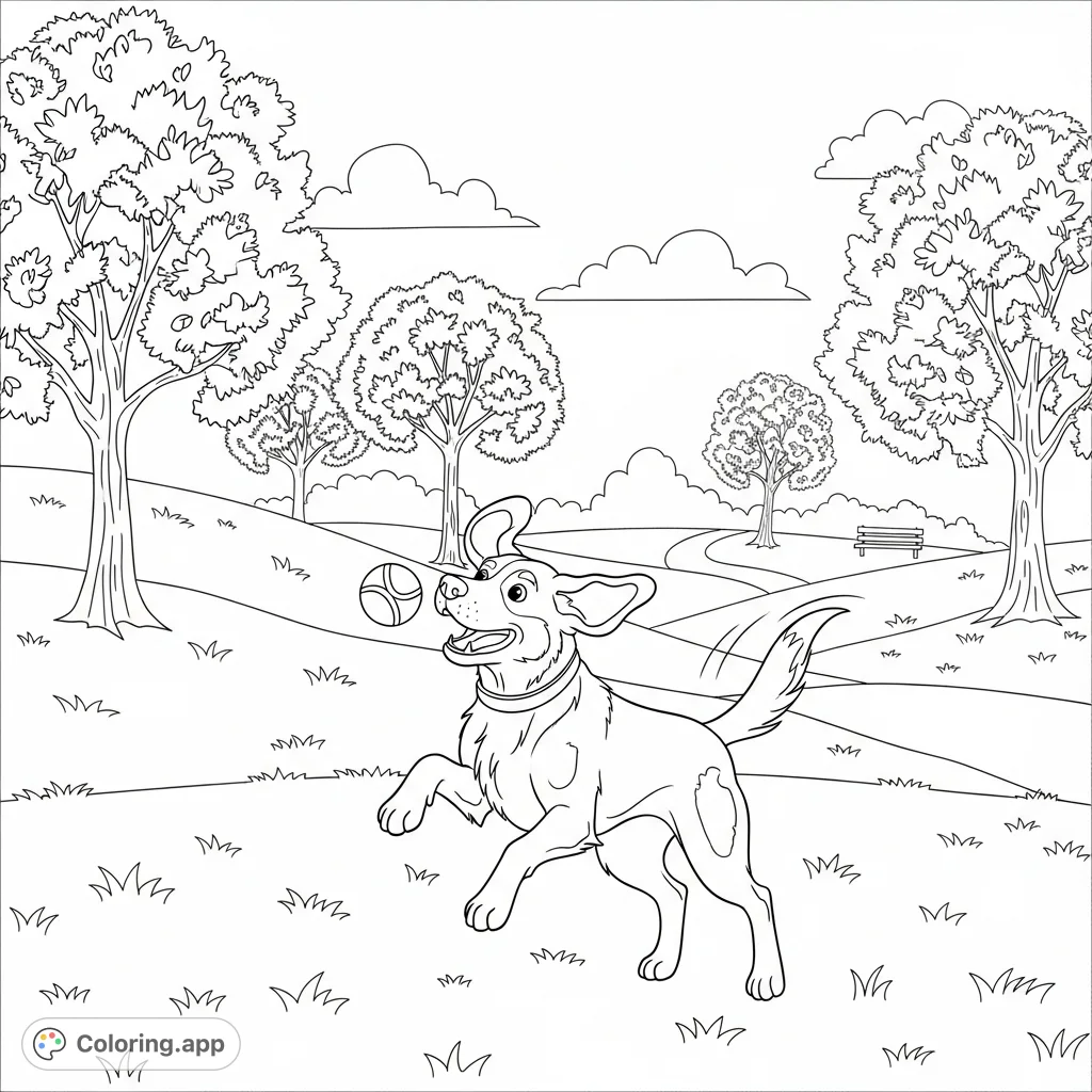 A lively dog enjoying a day of play in a park, ready for you to bring to life with your favorite colors. A fun, free printable coloring page.