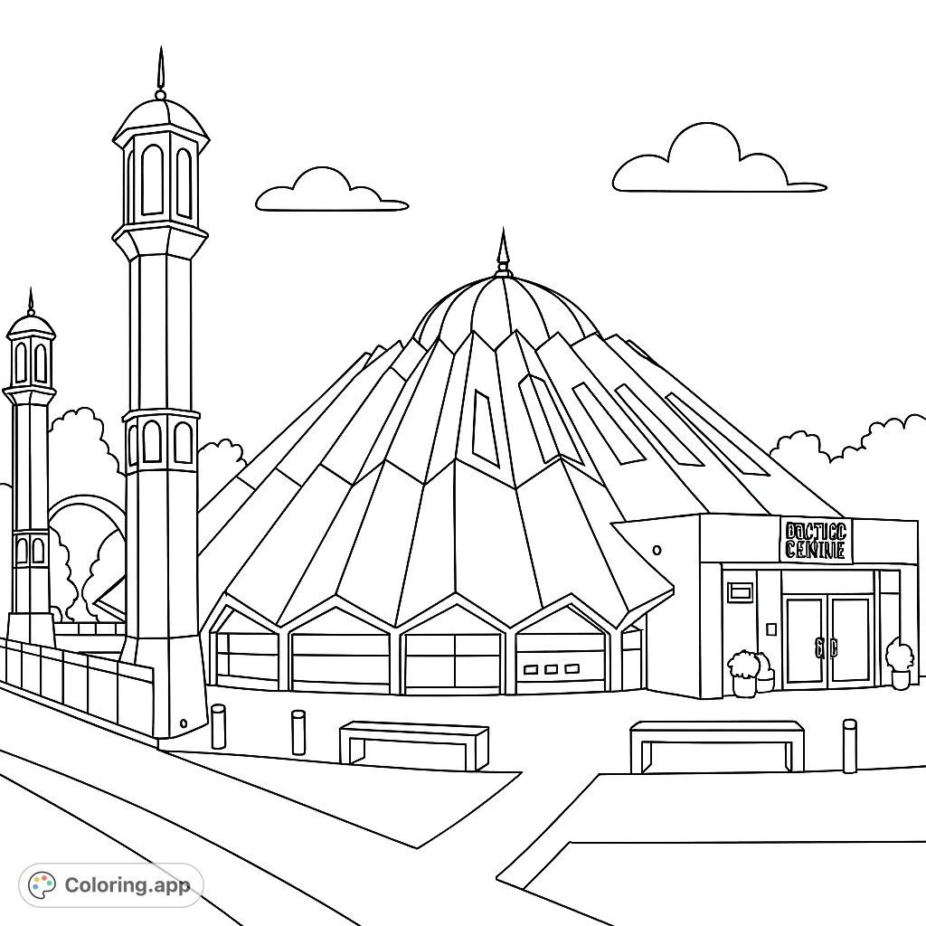 Explore the unique architecture of a modern mosque with its pleated dome and elegant minarets. A detailed architectural coloring page for all ages.