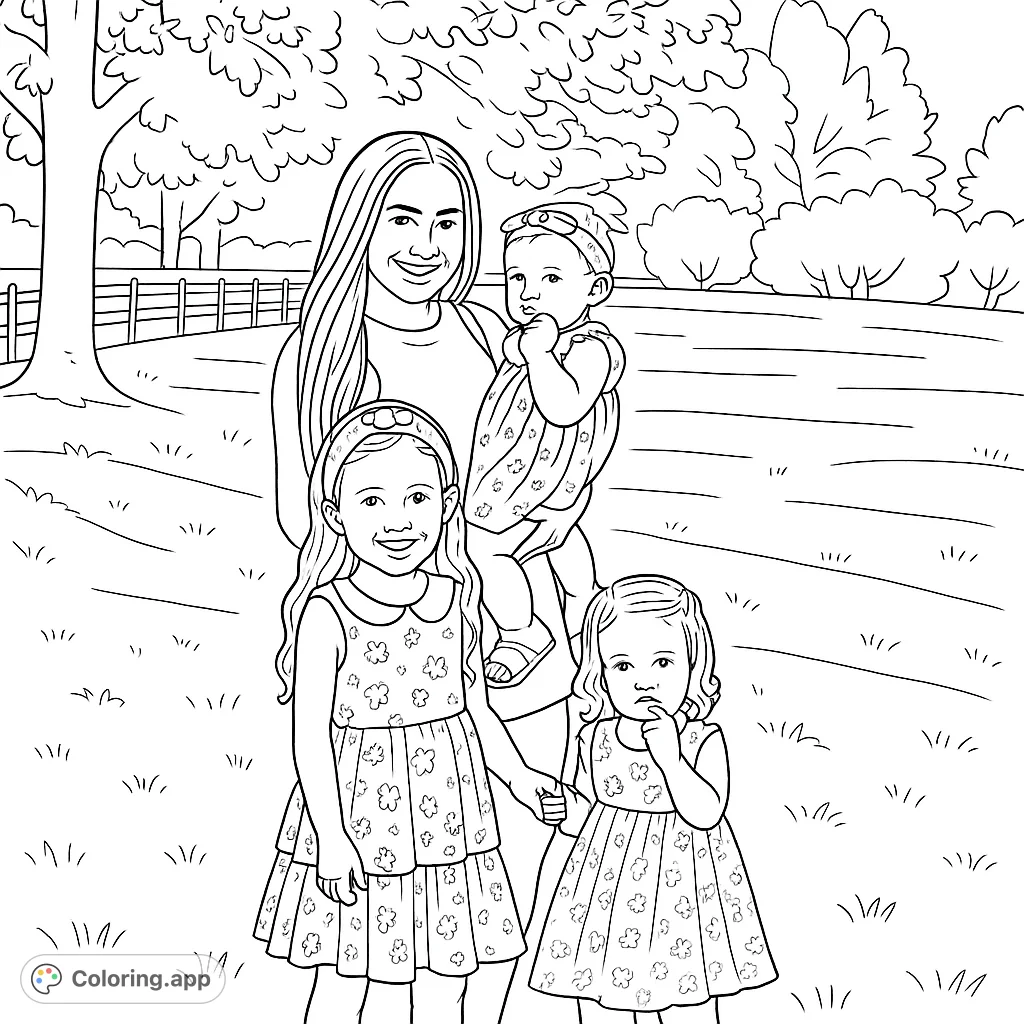 A heartwarming family coloring page featuring a mother and her three daughters enjoying a day outdoors. Perfect for celebrating family bonds and creative expression.