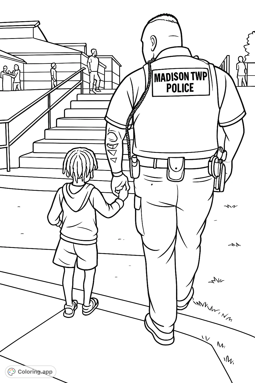 A heartwarming scene of a police officer holding hands with a child, walking together. This community-focused coloring page promotes safety and connection.