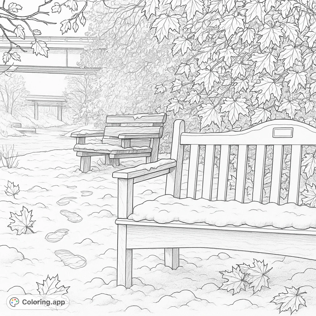 Discover a peaceful autumn park scene with two inviting benches by a tranquil river. Perfect for nature lovers and those seeking a relaxing coloring experience.