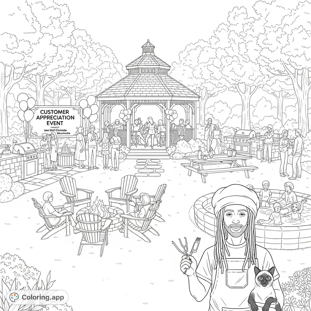 A vibrant backyard event featuring a cedar gazebo, firepit, and a rastafarian barber holding clippers and a siamese cat. A 'Customer Appreciation Event' sign adds to the festive atmosphere.