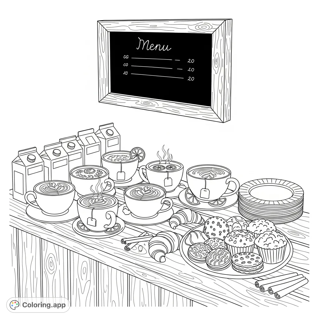 A highly detailed old-fashioned coffee bar coloring page featuring steaming drinks, assorted pastries, and a rustic chalkboard menu for a cozy autumn feel.