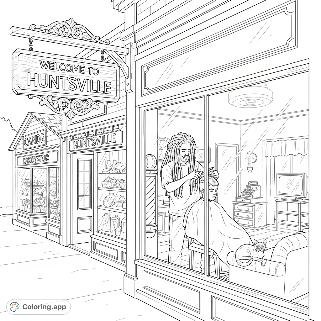 Explore a lively Huntsville, Ontario main street scene featuring quaint shops and an old-time barber shop with a Rasta barber and a lounging Siamese cat.