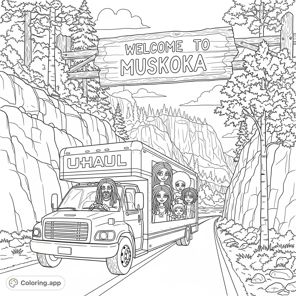 Embark on a scenic journey with a family in their UHaul truck through Muskoka's natural beauty, passing a welcoming carved sign. A detailed coloring page.