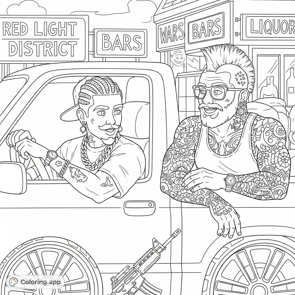 An intricate urban scene featuring two men with distinct styles, a pickup truck, and a detailed background of nightlife establishments. Perfect for adult colorists.