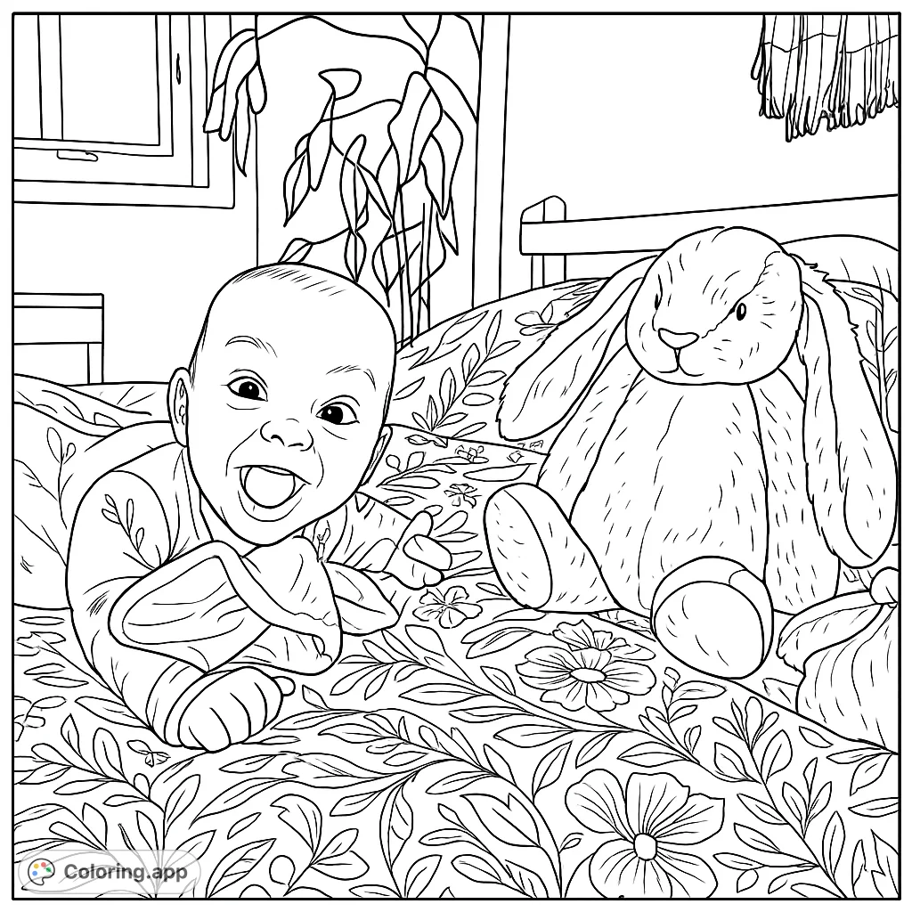 A joyful baby smiles while playing on a patterned bedspread next to a cuddly bunny toy, creating a heartwarming scene for coloring.