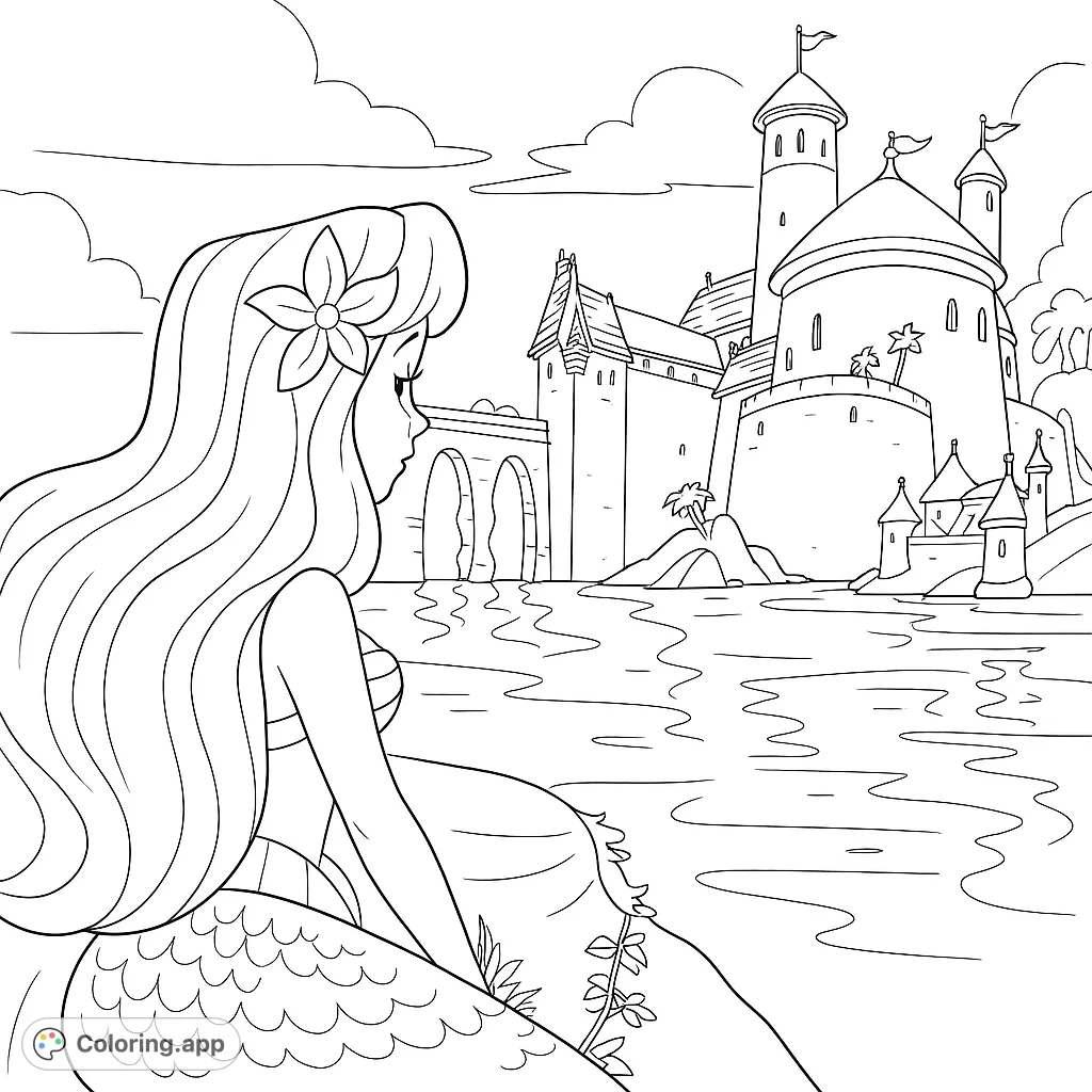 A beautiful mermaid gazes at a majestic castle across the water. A magical scene for a free printable mermaid coloring page, perfect for fantasy lovers.