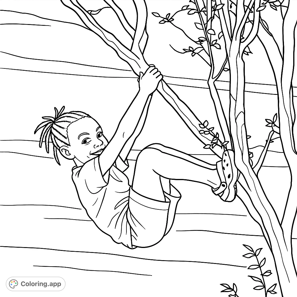 Capture the joy of childhood with this playful coloring page featuring a child swinging from a tree. Perfect for imaginative fun and relaxation.