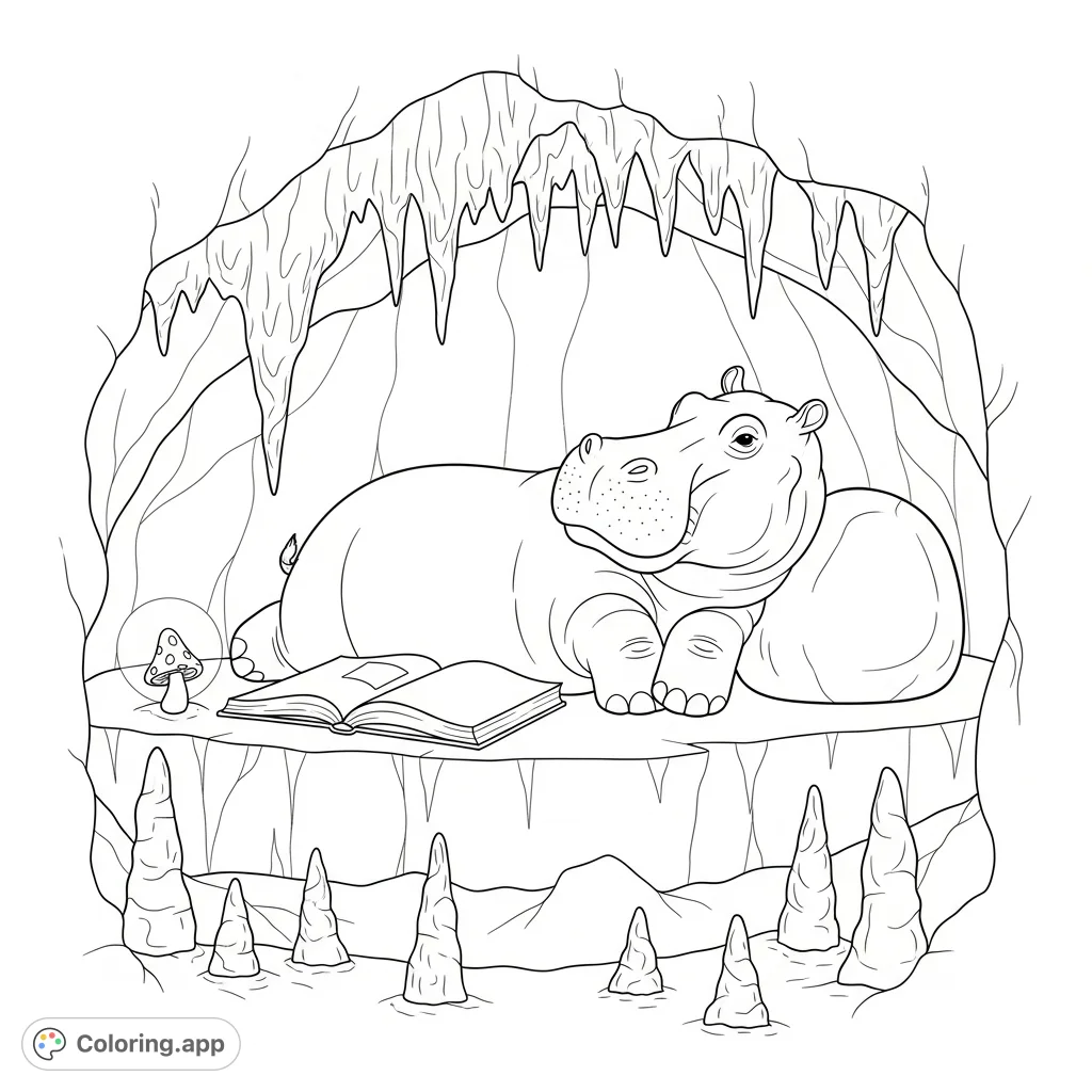 Discover a relaxed hippo enjoying a storybook in a cozy, ancient cave alcove, surrounded by intricate stalactites and a softly glowing mushroom. A charming scene for all ages.