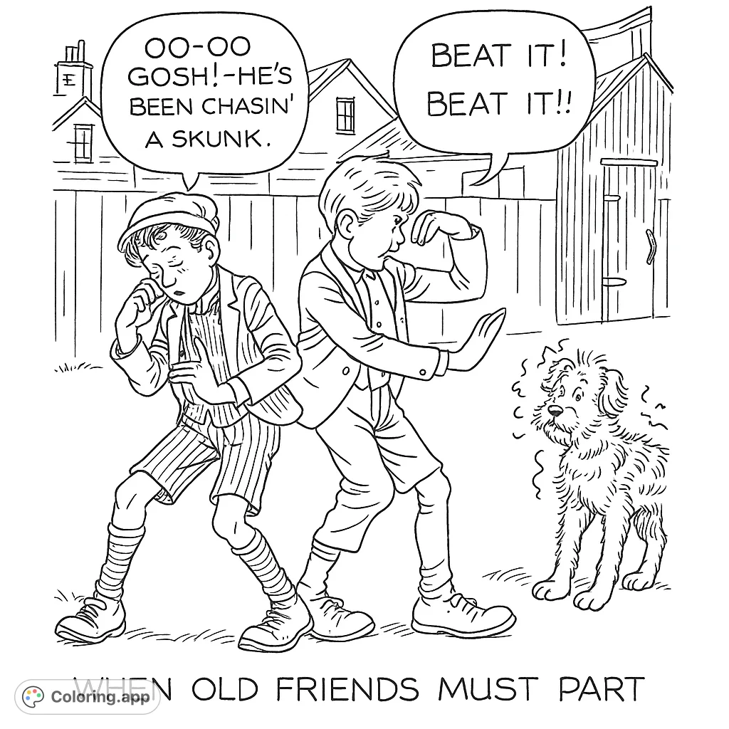 Two boys recoil from a shaggy dog, holding their noses in a humorous scene. Features detailed clothing and a classic neighborhood background.
