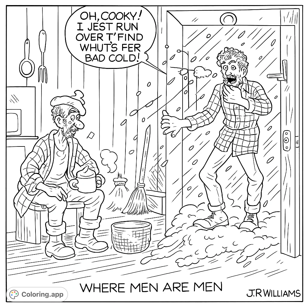 A rustic cabin scene where a man braves a snowy storm to visit a friend, bringing a touch of winter drama and warmth to your coloring experience.