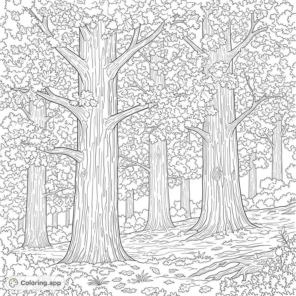Explore a serene forest of majestic, towering oak trees, featuring rugged bark and dense canopies. A perfect nature-themed coloring page.